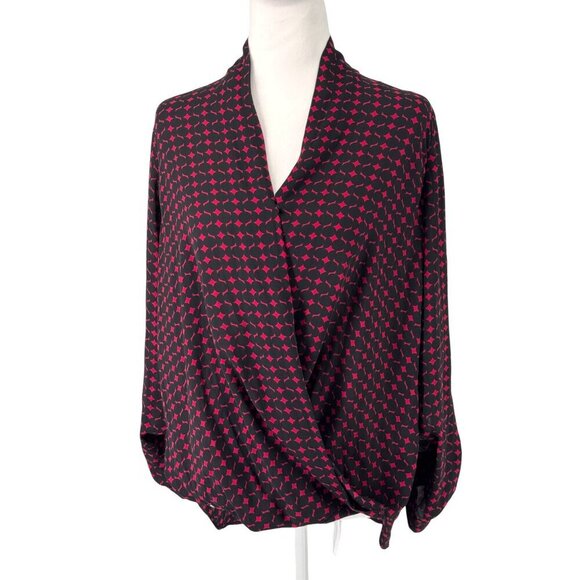 Anthropologie Pleione Long Sleeve Faux Wrap Shirt Maroon and Black Deep V EUC M - Picture 1 of 8